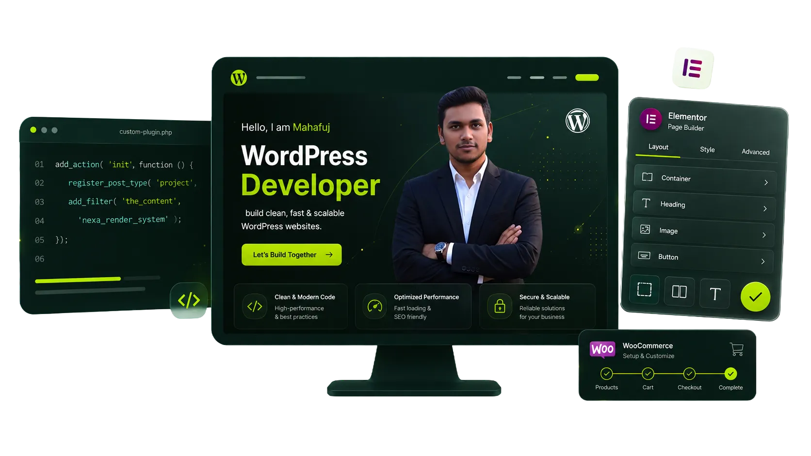 Professional WordPress development workspace with a website preview, Elementor controls, custom code, WooCommerce and performance testing