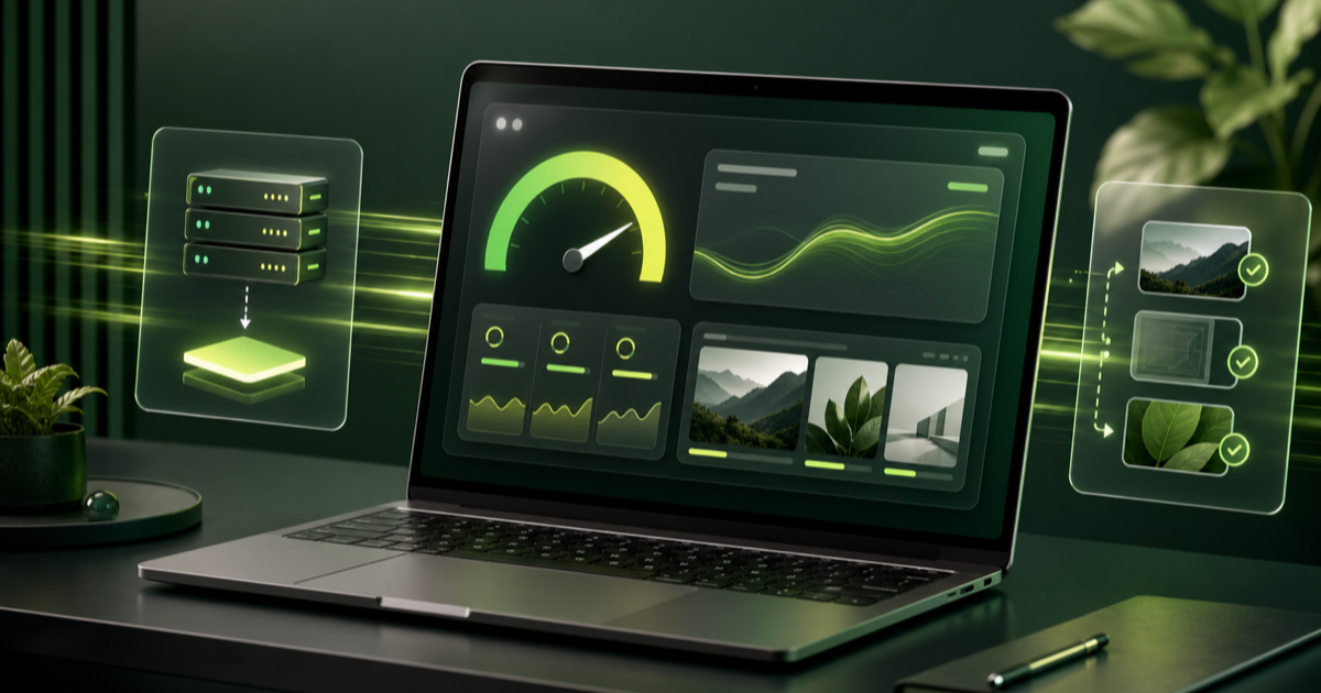 WordPress speed optimization dashboard with performance gauge, caching servers and optimized media