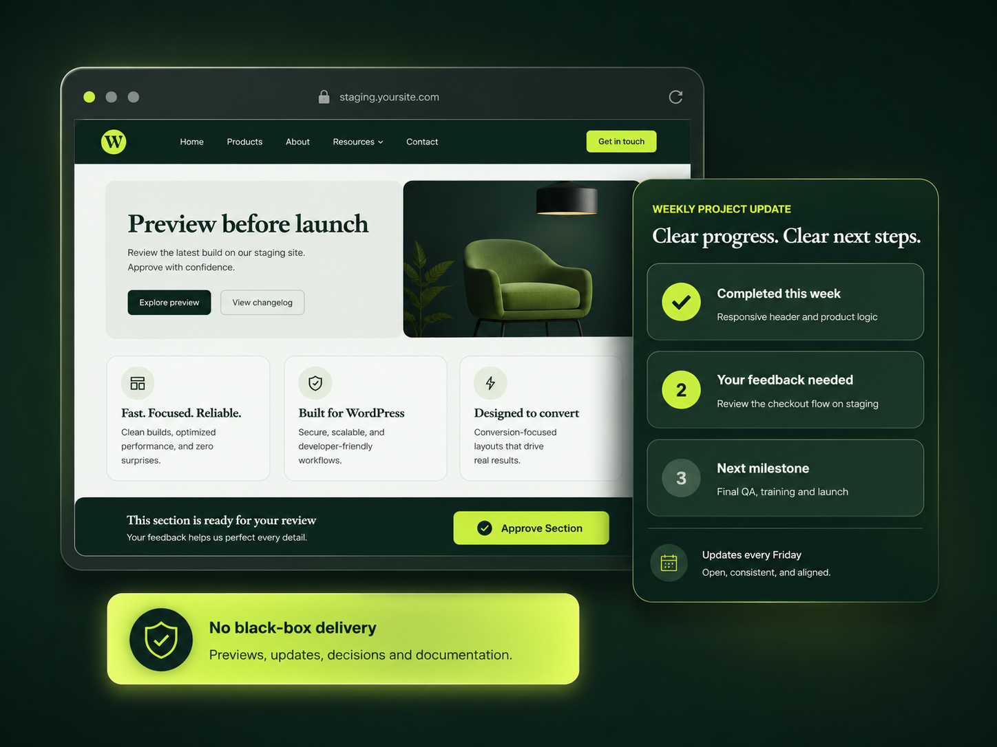 Staging preview, weekly update and approval workflow for a WordPress project