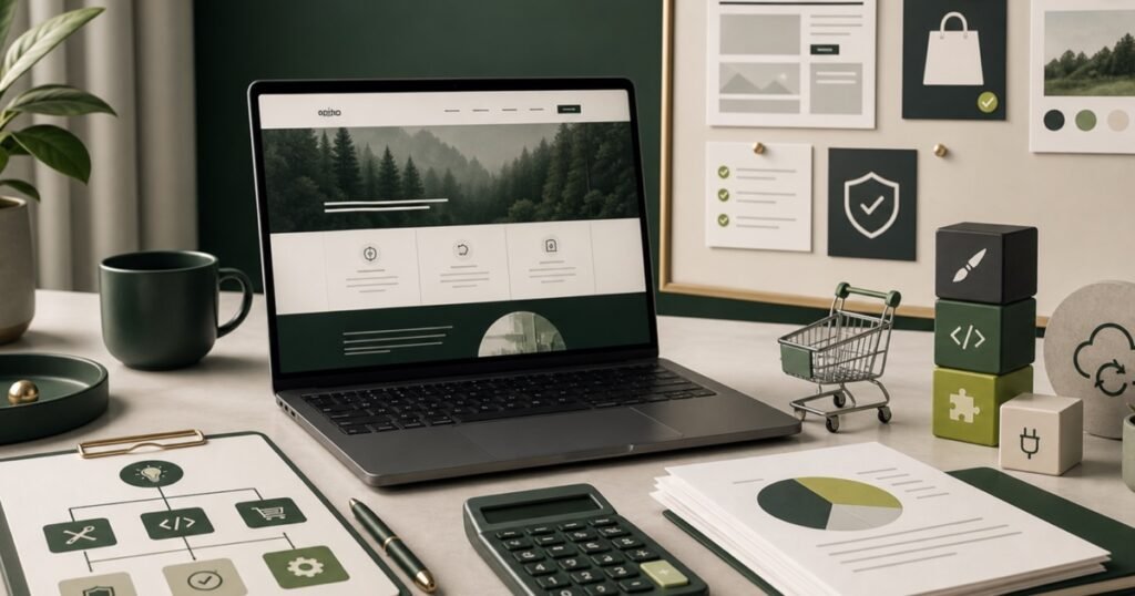 WordPress website cost planning with a laptop, calculator and development workflow